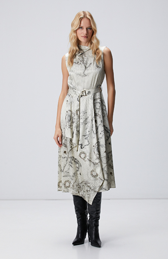 Limited Açık Bej Desenli İpek Karışımlı Elbise