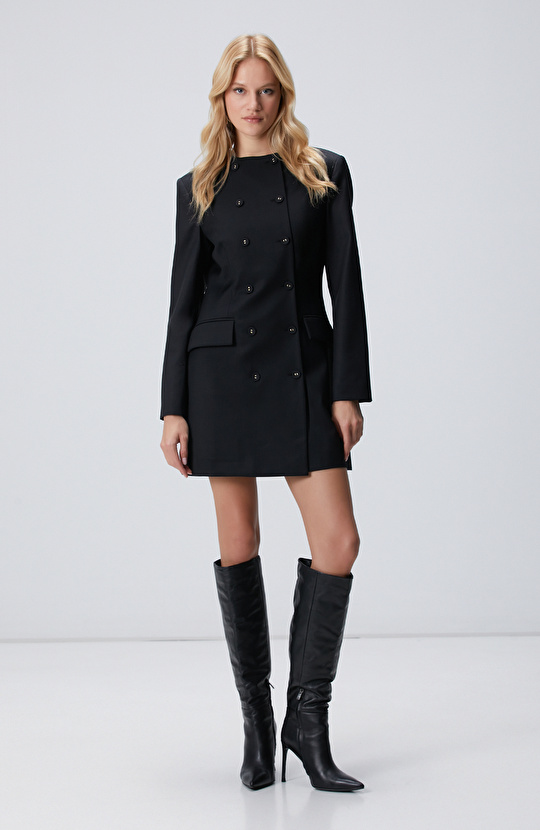 Siyah Blazer Mini Yün Elbise
