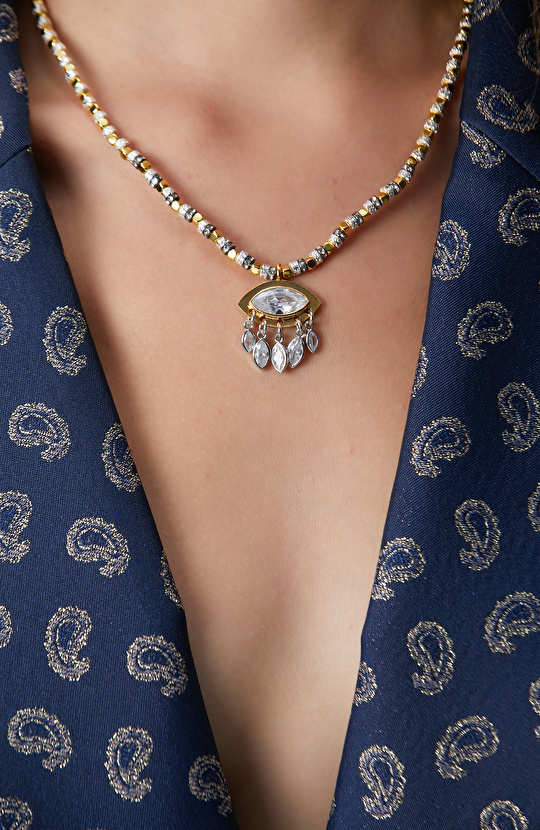 Silver Gold Doğal Taşlı Kadın Kolye