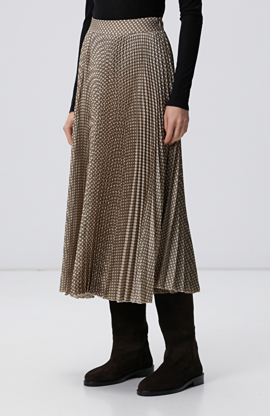 Sarı Pilise Desenli Midi Etek