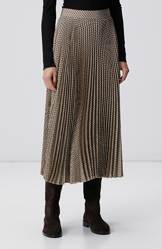 Sarı Pilise Desenli Midi Etek