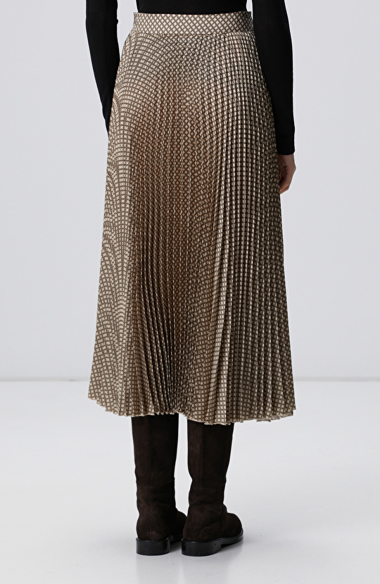 Sarı Pilise Desenli Midi Etek