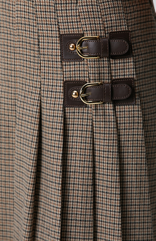 Siyah Kahverengi Kazayağı Desenli Mini Etek