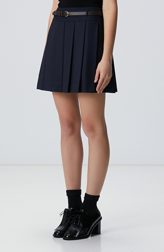 Lacivert Kemerli Mini Etek