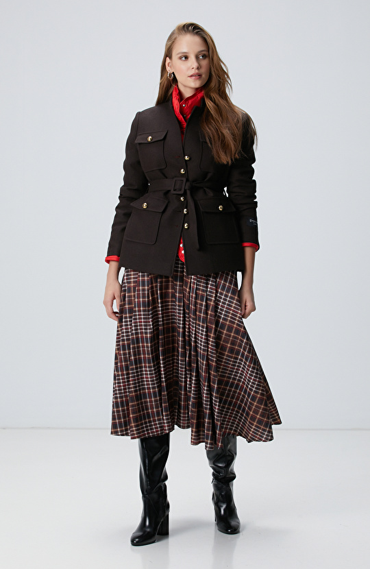 Camel Ekose Desenli Piliseli Midi Tafta Etek Camel Ekose Desenli Piliseli Midi Tafta Etek