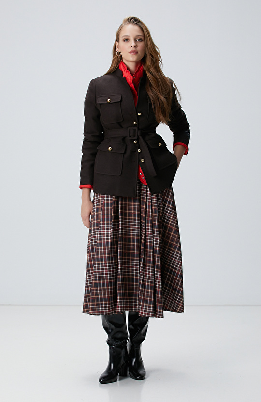 Camel Ekose Desenli Piliseli Midi Tafta Etek