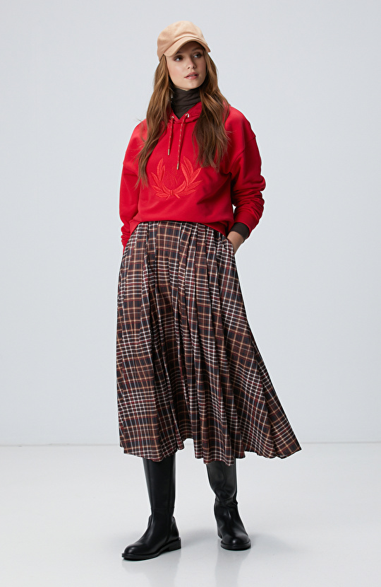 Camel Ekose Desenli Piliseli Midi Tafta Etek