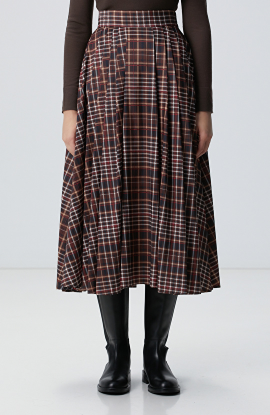 Camel Ekose Desenli Piliseli Midi Tafta Etek