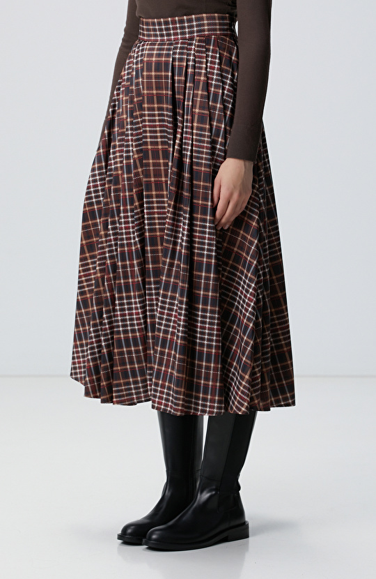 Camel Ekose Desenli Piliseli Midi Tafta Etek