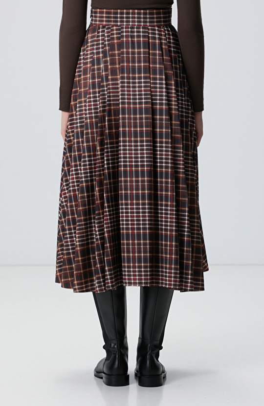 Camel Ekose Desenli Piliseli Midi Tafta Etek