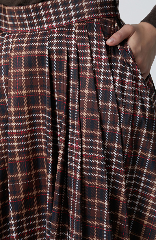 Camel Ekose Desenli Piliseli Midi Tafta Etek