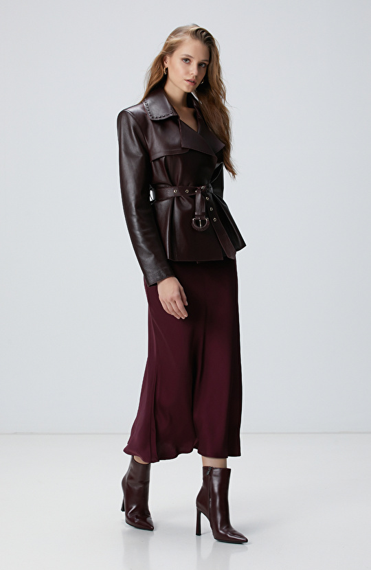 Bordo Midi Saten Etek Bordo Midi Saten Etek