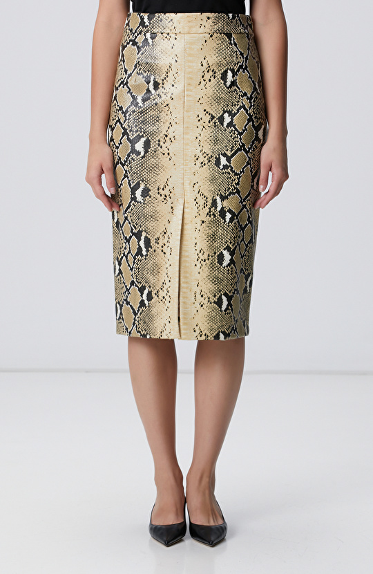 Haki Desenli Suni Deri Midi Etek