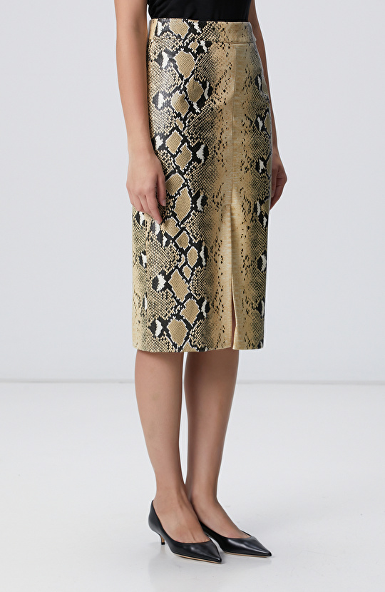 Haki Desenli Suni Deri Midi Etek
