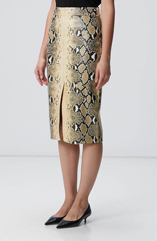 Haki Desenli Suni Deri Midi Etek