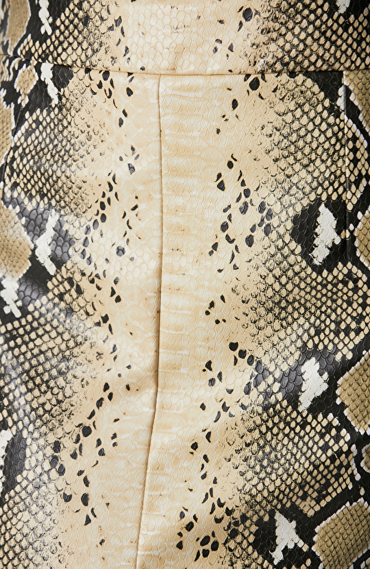 Haki Desenli Suni Deri Midi Etek