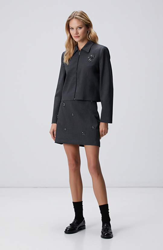 Koyu Gri Yün Karışımlı Mini Etek