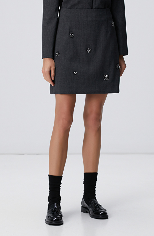 Koyu Gri Yün Karışımlı Mini Etek