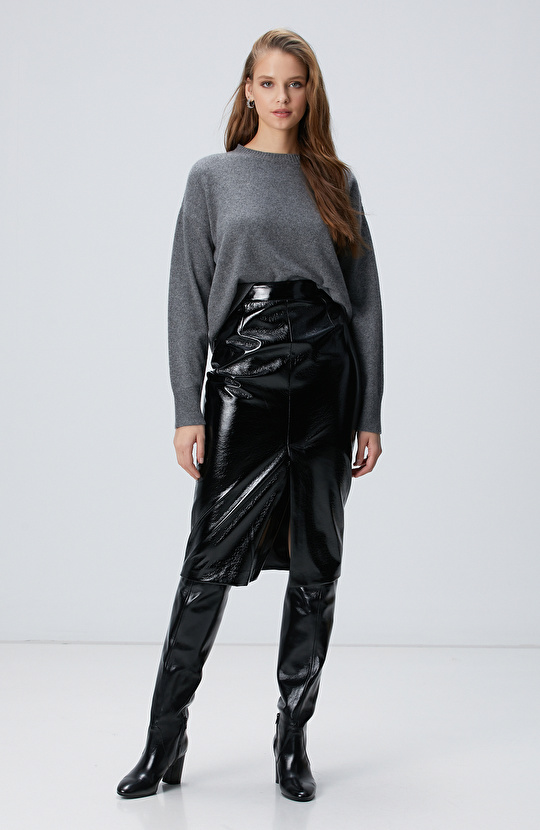 Siyah Vegan Deri Midi Kalem Etek Siyah Vegan Deri Midi Kalem Etek