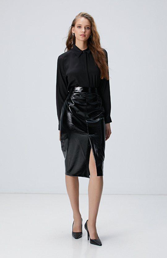 Siyah Vegan Deri Midi Kalem Etek