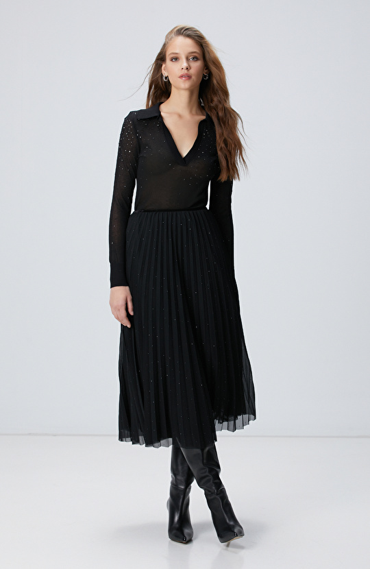 Siyah Payetli Tül Midi Etek