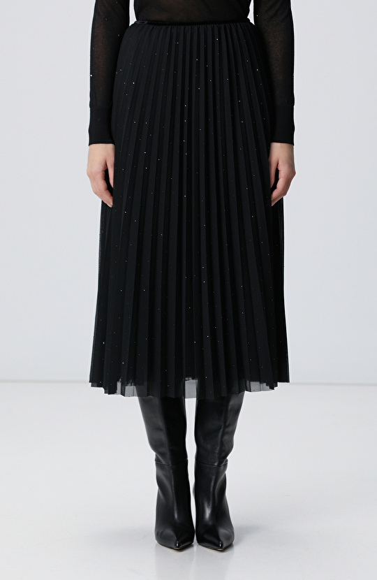 Siyah Payetli Tül Midi Etek