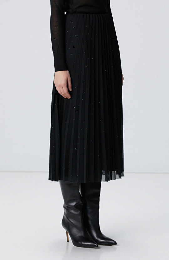 Siyah Payetli Tül Midi Etek