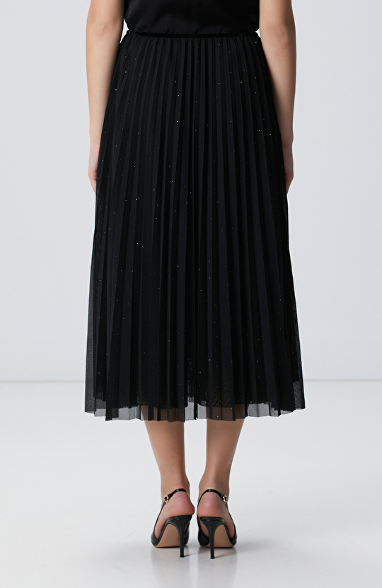 Siyah Payetli Tül Midi Etek