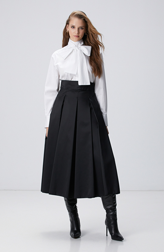 Siyah Midi Pileli Saten Etek