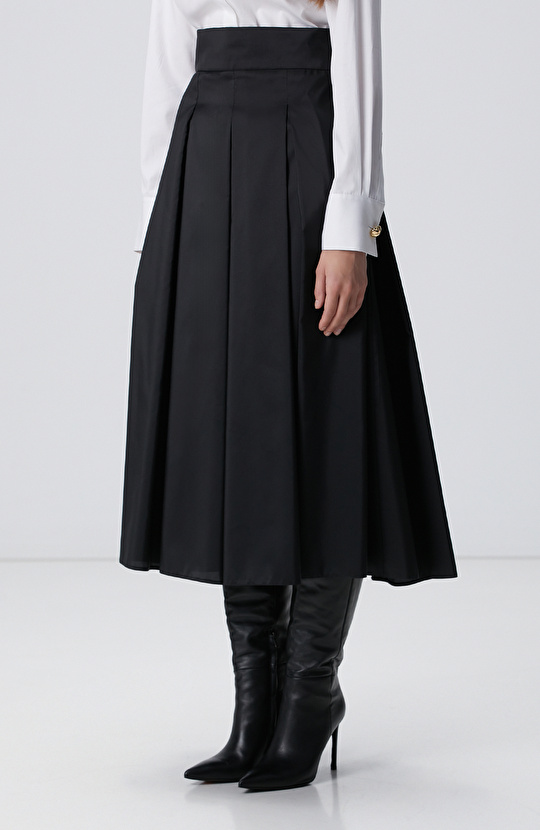 Siyah Midi Boy Pileli Saten Etek