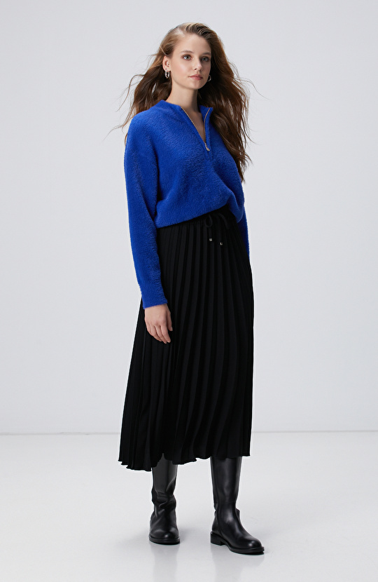 Siyah Piliseli Midi Etek