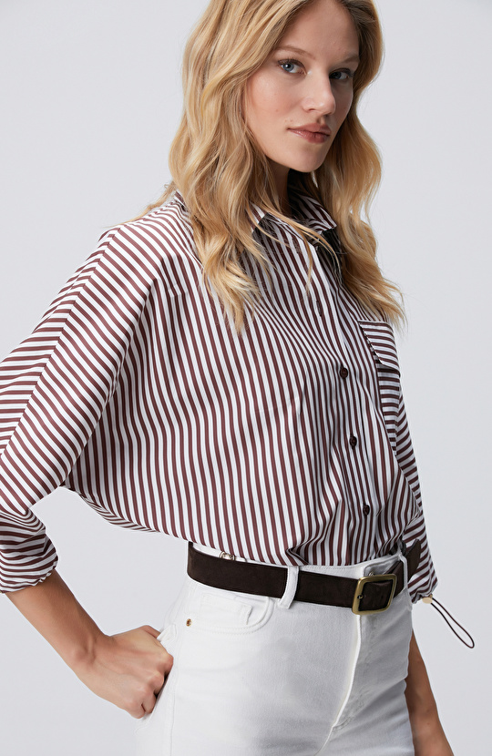 Bordo Kırık Beyaz Çizgi Desenli Gömlek