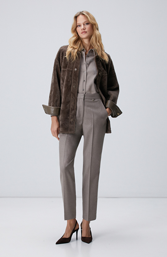 Bej Payetli Yün Karışımlı Gömlek