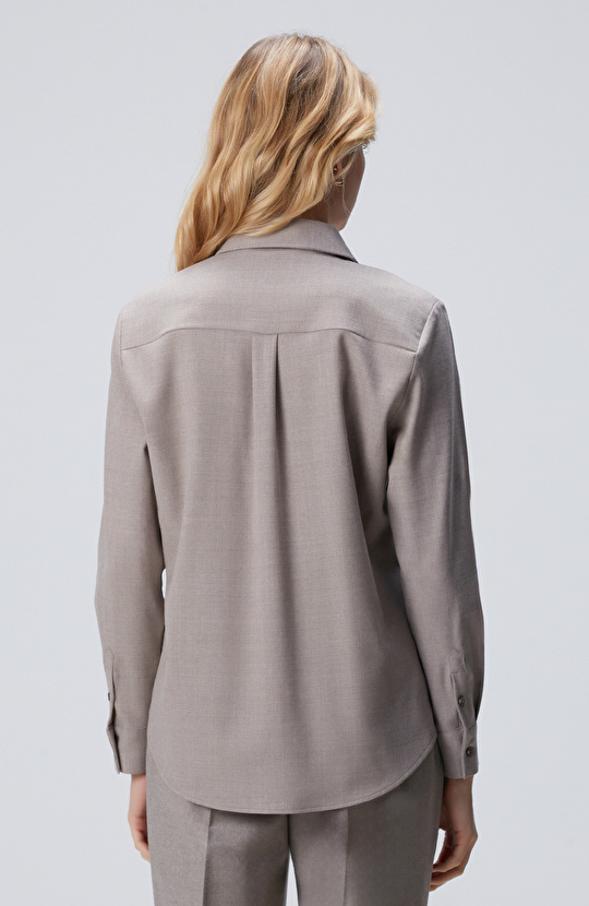 Bej Payetli Yün Karışımlı Gömlek