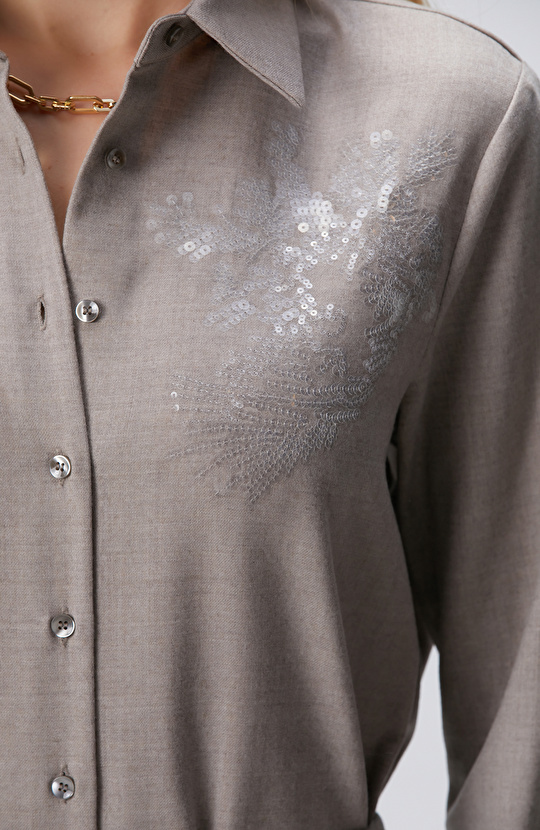 Bej Payetli Yün Karışımlı Gömlek