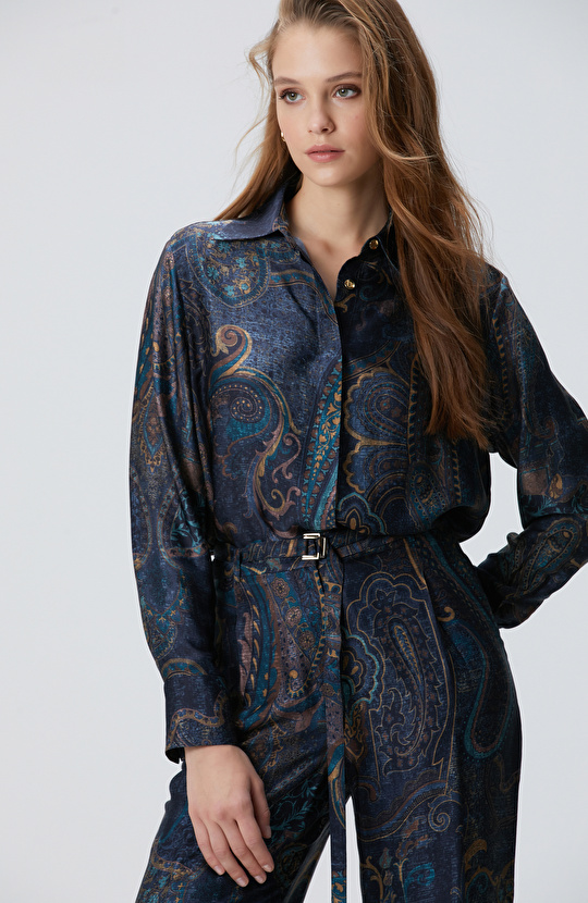 Petrol Viskon Desenli Gömlek