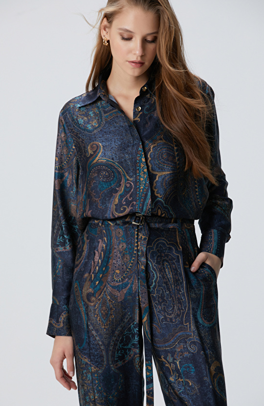 Petrol Viskon Desenli Gömlek