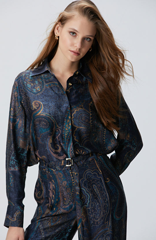 Petrol Viskon Desenli Gömlek