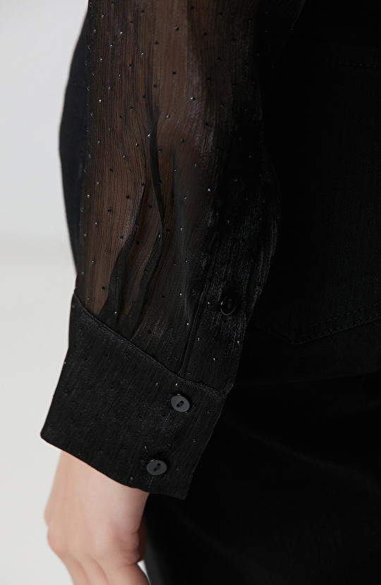 Siyah Cepsiz Taş Baskılı Organze Gömlek