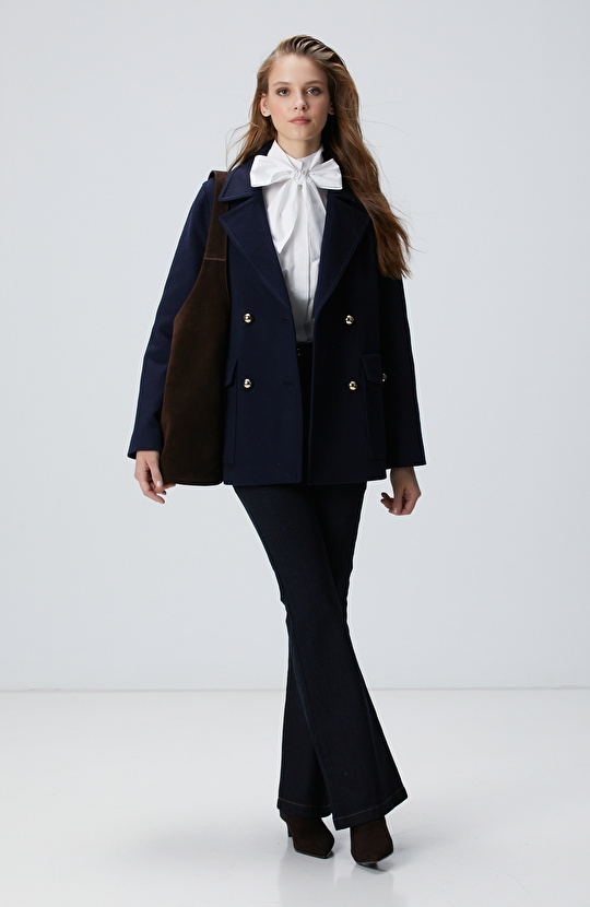 Lacivert Yün Karışımlı Kaban