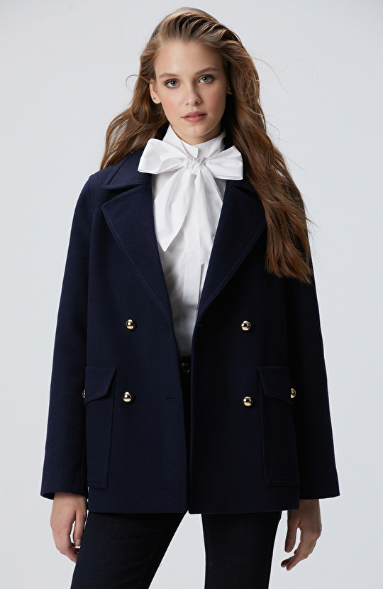 Lacivert Yün Karışımlı Kaban