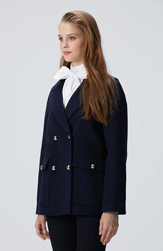 Lacivert Yün Karışımlı Kaban