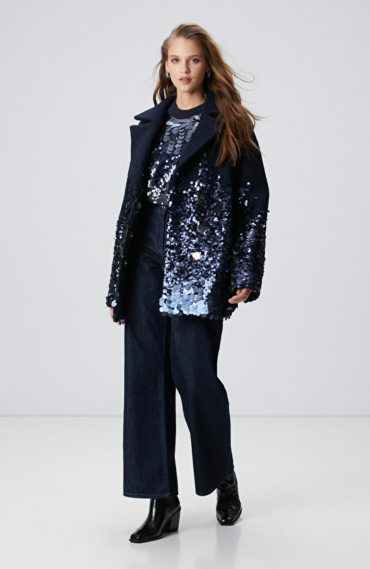 Lacivert Yün Karışımlı Payet Detaylı Kaban