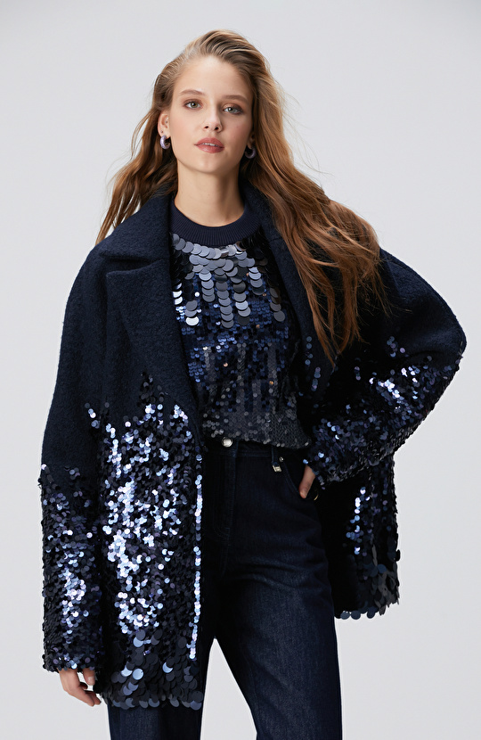 Lacivert Yün Karışımlı Payet Detaylı Kaban