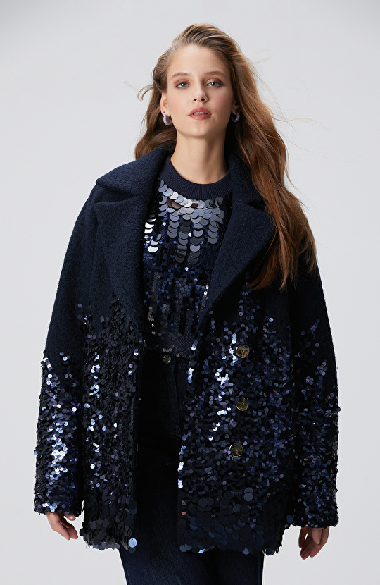 Lacivert Yün Karışımlı Payet Detaylı Kaban