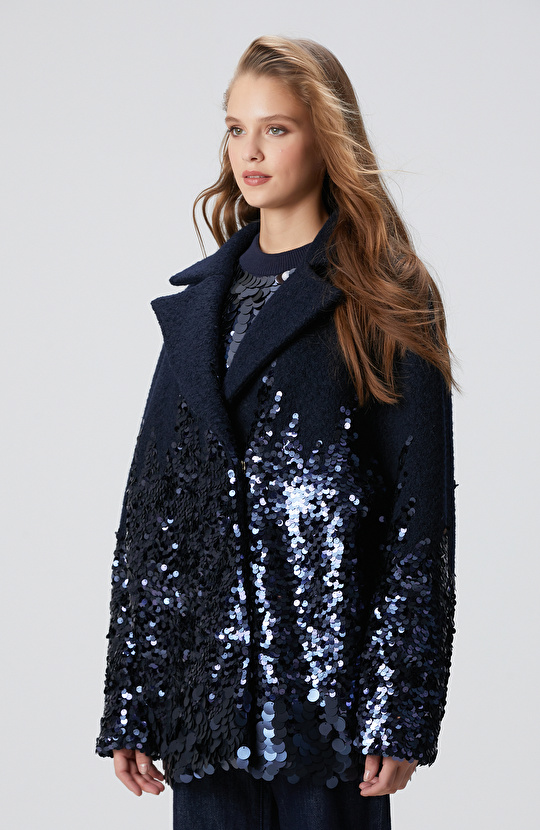 Lacivert Yün Karışımlı Payet Detaylı Kaban