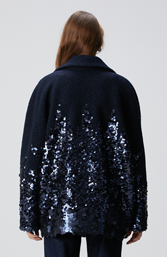 Lacivert Yün Karışımlı Payet Detaylı Kaban