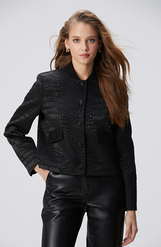 Siyah Yün Karışımlı Mont