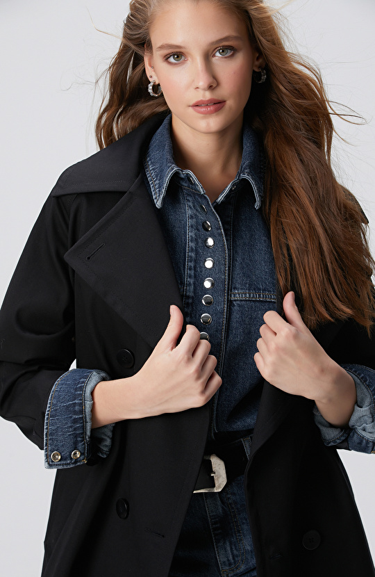 Siyah Kruvaze Trench Coat