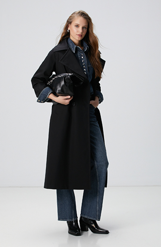 Siyah Kruvaze Trench Coat